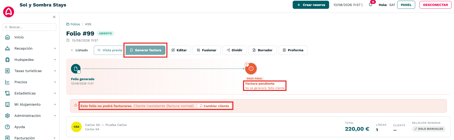 No permitido generar factura desde folio sin cliente