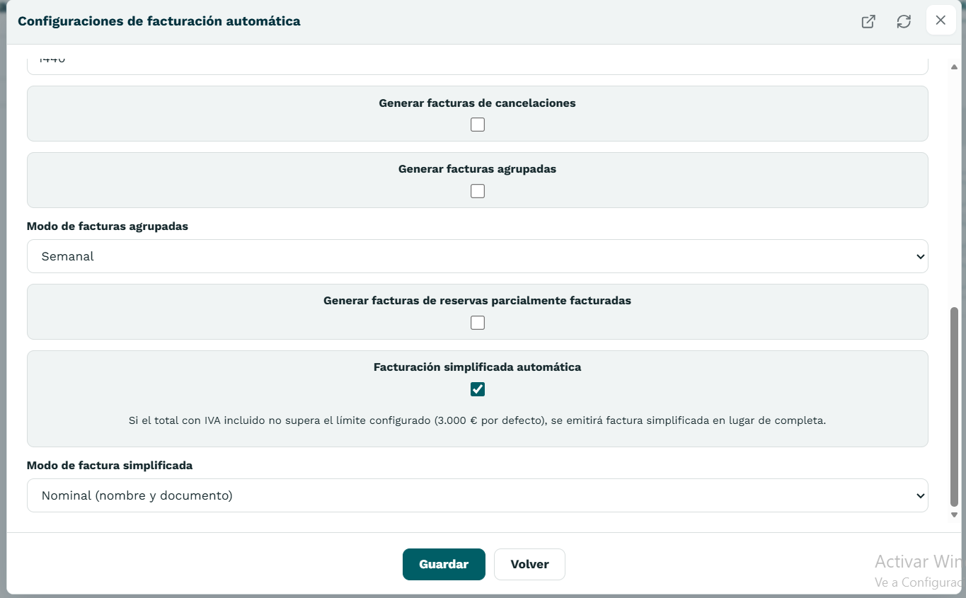 Activar facturación simplificada automática
